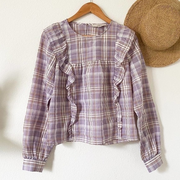 LOFT Frosted Lavender Plaid Ruffle Cropped Blouse S Small - Picture 11 of 11